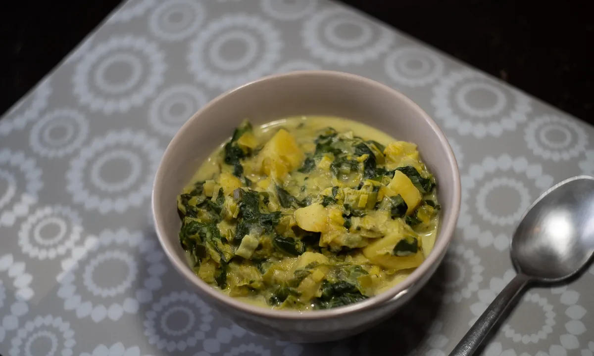 Curry de poireaux, épinards et pommes de terre — photographie originale